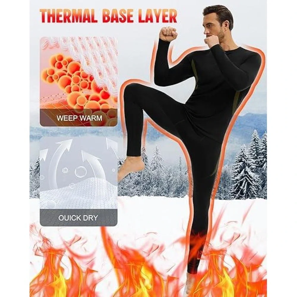 Mens Thermal Base Layer Set Micro Fleece Lined Long Johns Black Olive Size Large